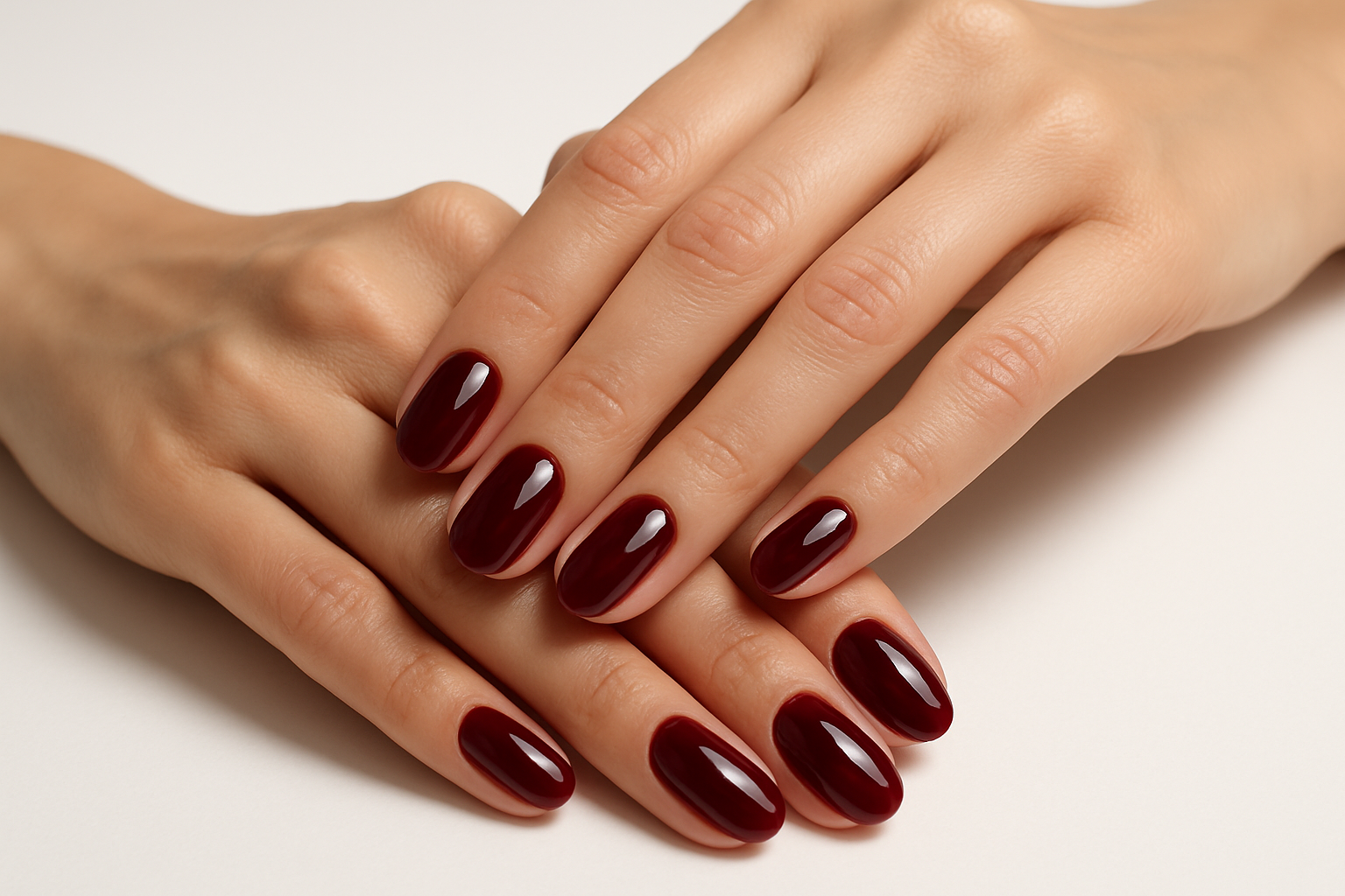 Dark red gel polish manicure