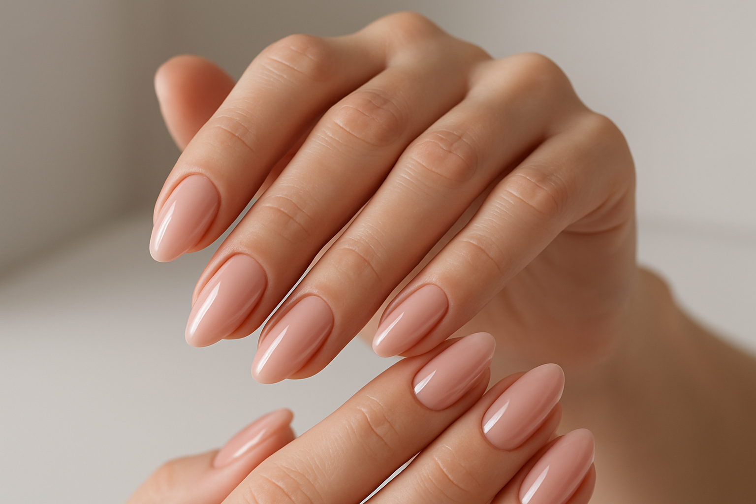 Nude pink gel polish manicure